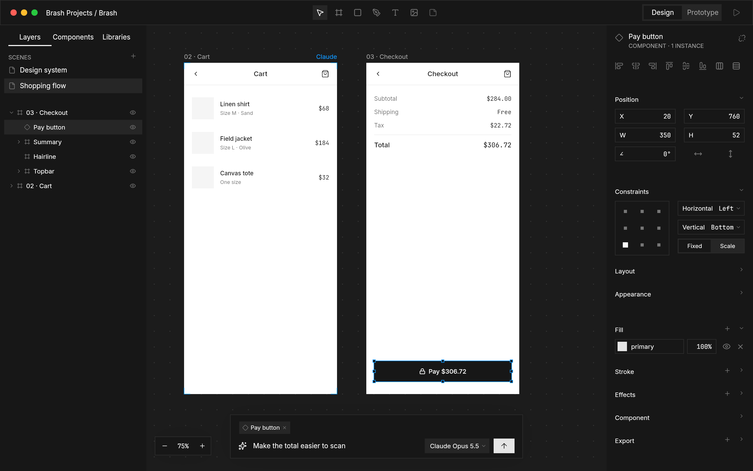 The Brash editor in dark mode: layers on the left, a checkout flow on the canvas with Claude's cursor on it, the inspector on the right and the agent bar below.