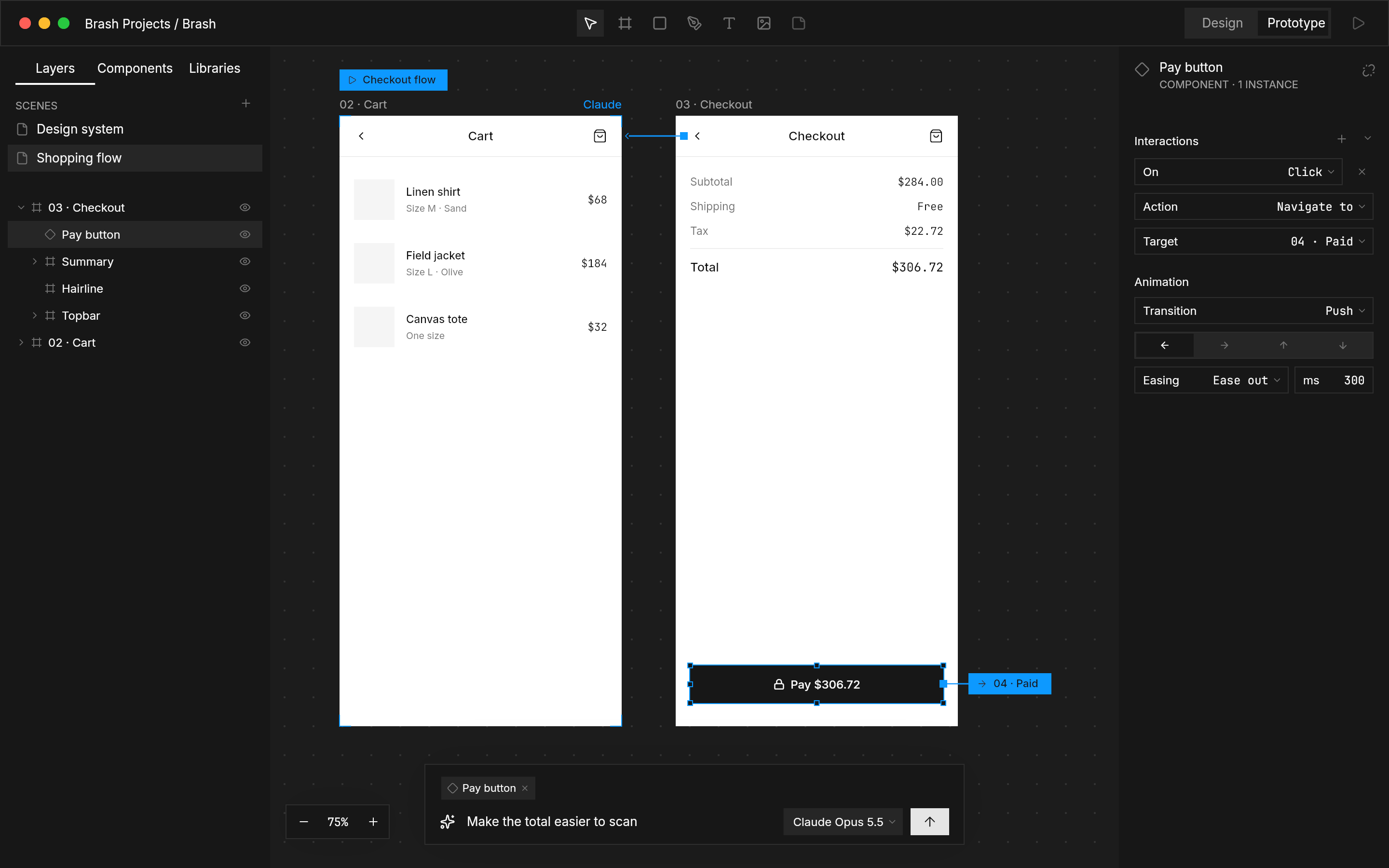 Prototype mode: the cart and checkout screens joined by a flow, with the interaction inspector showing a click that navigates with a push transition.