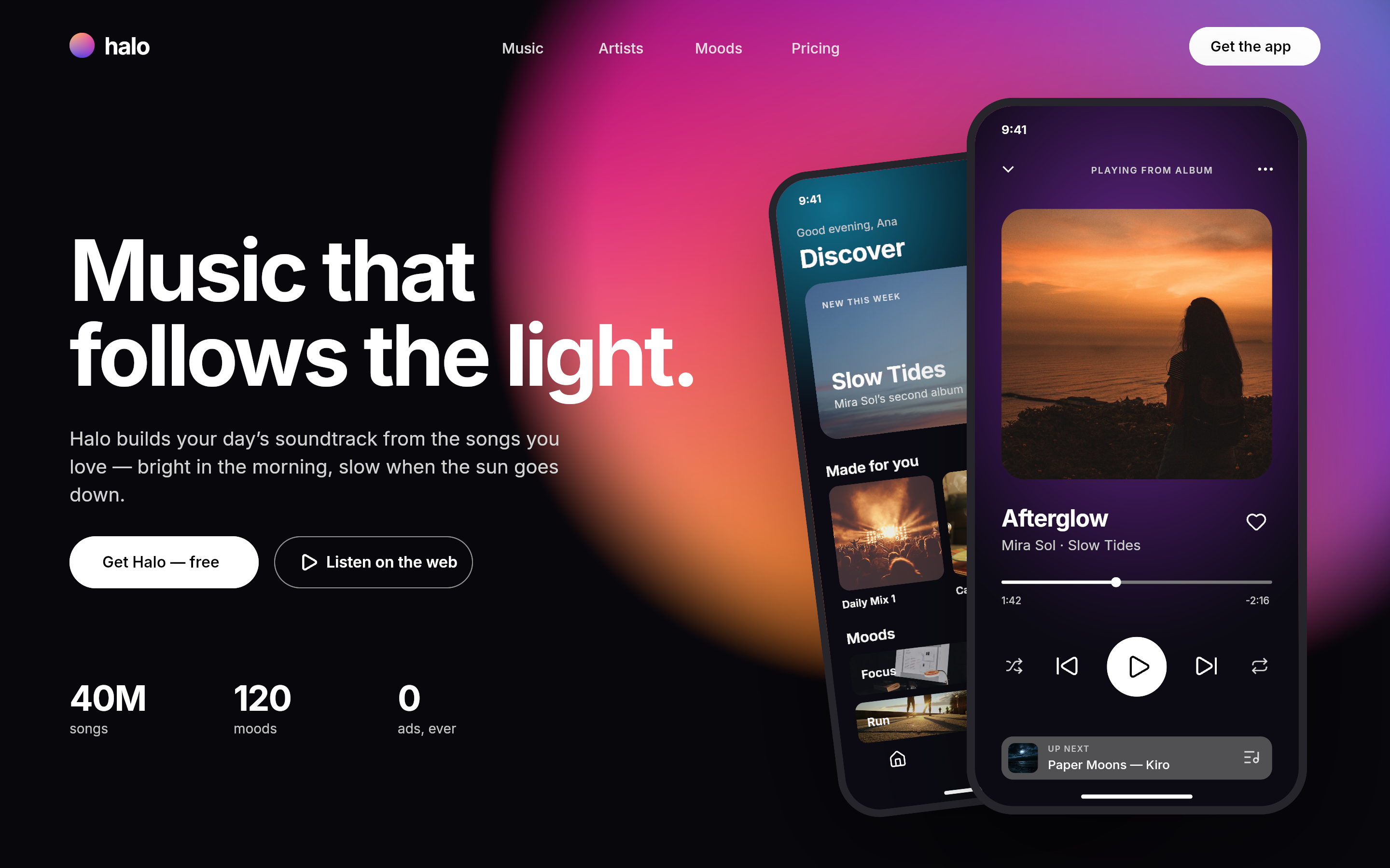 Halo's website: Music that follows the light, with two phones showing the app.
