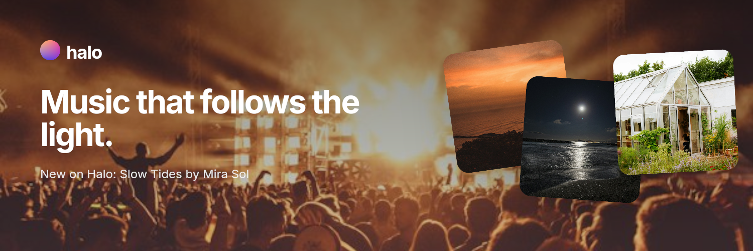 A header: Music that follows the light, over a concert crowd with three album covers.